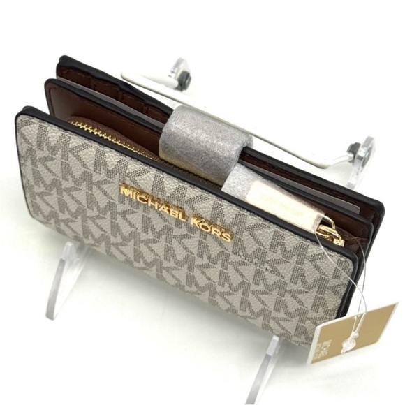 Michael Kors Medium Bifold Zip Chain Wallet Vanilla/Brown - Picture 7 of 9